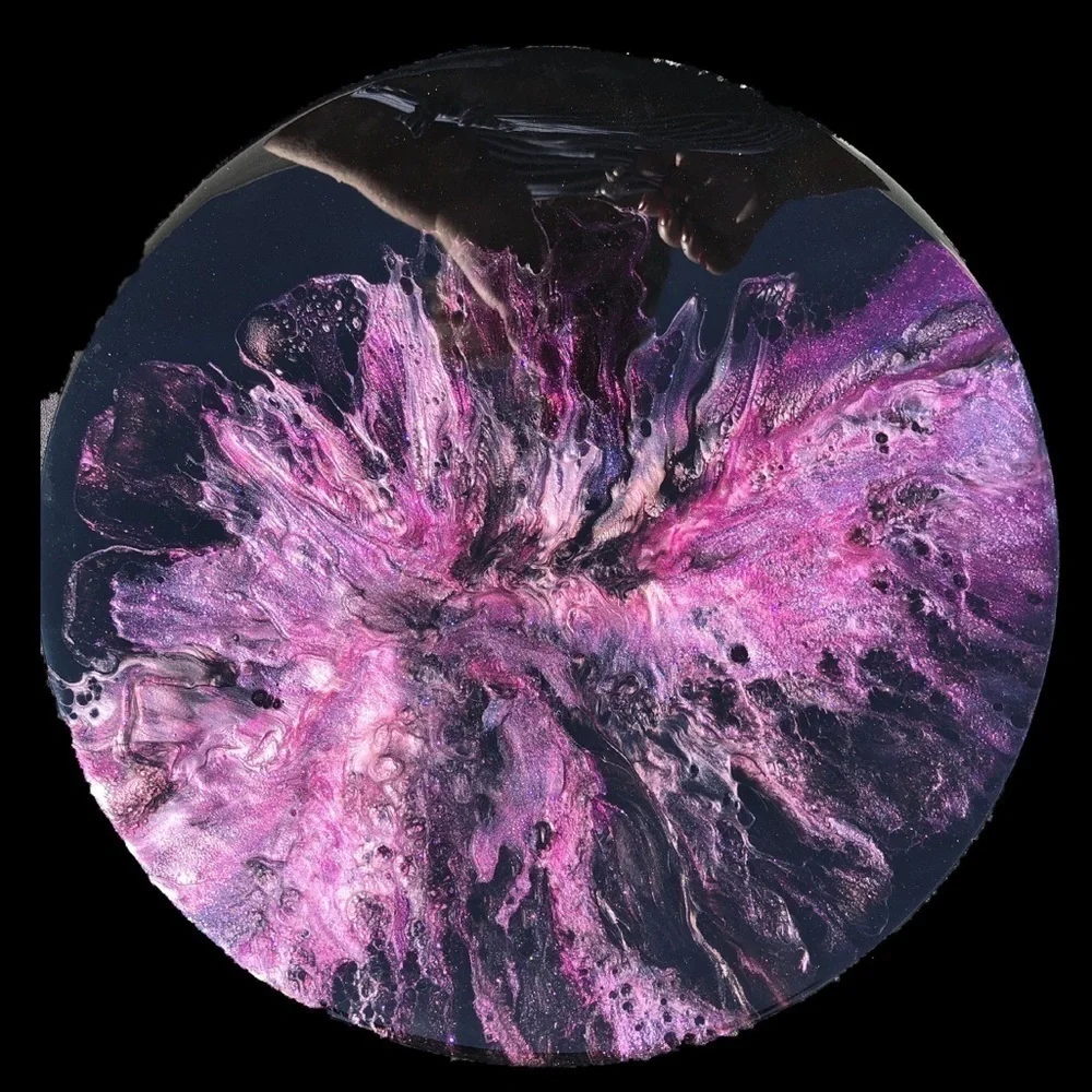 𝅺CUSTOM Handmade Black & Purple Shimmer 16” Round Abstract Resin Wall Art